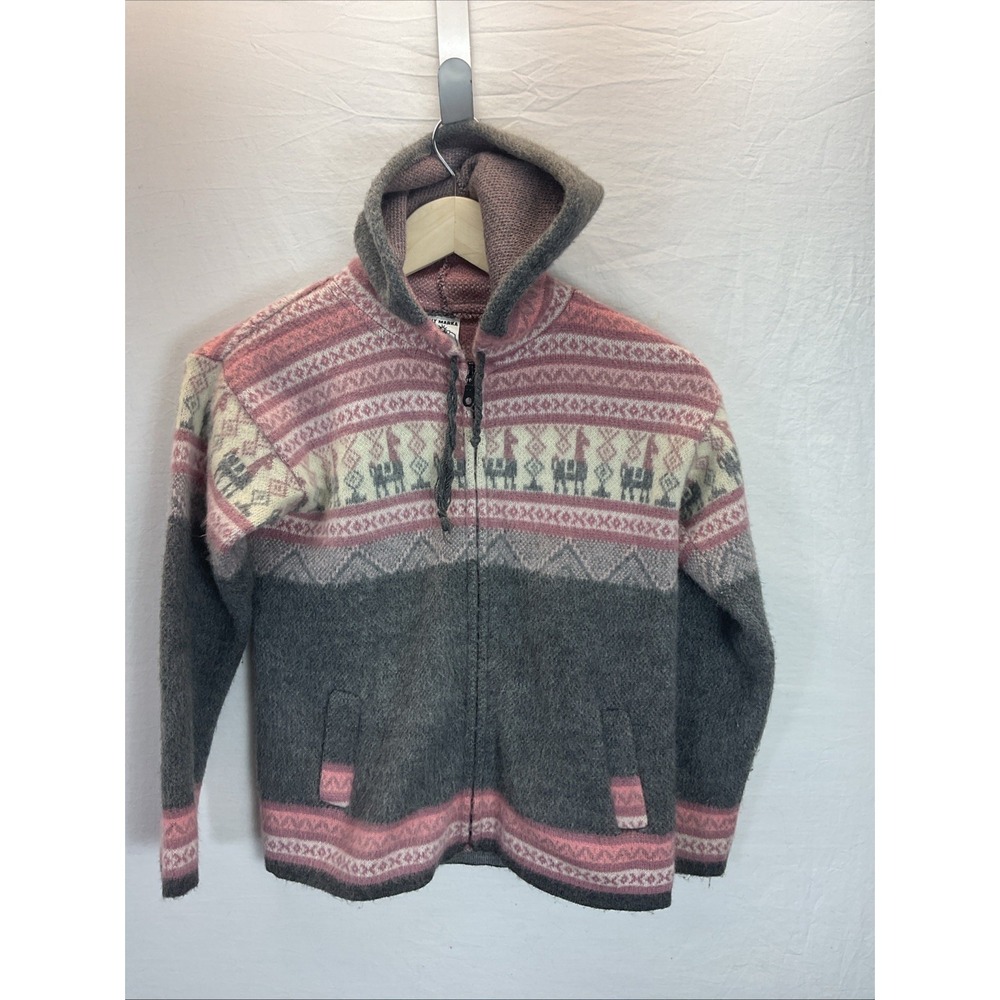 Aly Marka Alpaca Wool‎ Girl's Zipped Hoodie Sweater Pink/Gray Size 10 Soft